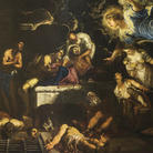 Tintoretto, San Rocco in carcere confortato da un angelo, 1567, Presbiterio Chiesa di San Rocco, Venezia, Olio su tela, 670 x 300 cm | © Scuola Grande di San Rocco e Chiesa di San Rocco | Courtesy of Sky Italia s.r.l. Tintoretto – Un Ribelle a Venezia e Sky Arts Production Hub 2019