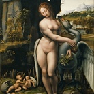 Seguace di Leonardo, Leda e il cigno, Primo decennio del XVI secolo, Olio su tavola, 77.5 x 130 cm, Firenze, Galleria degli Uffizi