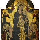 Luca di Paolo, Madonna con bambino e angeli tra i santi Agostino e Caterina d’Alessandria. Tempera e oro su tavola centinata, cm 137,5x206. Fondazione Banca dell’Etruria, Arezzo (AR)