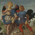 Bottega di Andrea del Verrocchio, Tobia e l'Angelo, 1470-1475 circa, Tempera su legno, 83.6 x 66 cm | © The National Gallery, London | Celebre rappresentazione dell'Arcangelo Raffaele e del suo leggendario aiuto a Tobia in viaggio, che come dal racconto biblico trasporta il pesce che l'Angelo gli ha fatto catturare nel Tigri salvandolo dal morso che l'animale stava per dargli e con la bile del quale il ragazzo guarirà il padre dalla cecità.