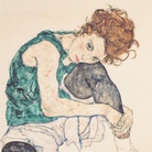 Egon Schiele, Donna seduta con le gambe tirate su, Ritratto della moglie Edith Harms, 1917, Galleria Nazionale di Praga