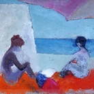 Paolo Salvati, Donne al Mare sotto l'ombrellone, 1973. Olio su tela, cm 30 x 40
