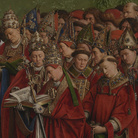 Jan e Hubert van Eyck, L’Adorazione dell’Agnello Mistico, 1432, Dettaglio del pannello centrale della Pala d'altare di Gand aperta con i Religiosi in preghiera, Dopo il restauro, Olio su tavola, Gand, Cattedrale di San Bavone | Courtesy of Saint-Bavo’s Cathedral Ghent © Lukasweb.be-Art in Flanders vzw | Photo: KIK-IRPA