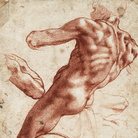 Michelangelo Buonarroti (1475 - 1564), Nudo maschile seduto e studio del braccio destro (recto), 1511, Gesso rosso, accentuato con bianco, Senza cornice 27.9 x 21.4 cm, Museo Teylers, Haarlem, Acquistato nel 1790 | Immagine © Museo Teylers, Haarlem