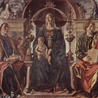 Altarpiece of Merchants - Madonna and Child Enthroned with Saints Petronius, John the Evangelist and the customer Alberto Cattanei by Francesco del Cossa - Bologna