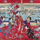 Yoshu Chinkanobu (1838 - 1912), Passatempi di beltà femminili in un giorno nevoso, Trittico di xilografie policrome in formato oban, 705 x 355 mm, Firmato Il pennello di Yoshu Chikanobu