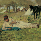 Giovanni Fattori, La lettera al campo, 1873 – 1875. Olio su tavola, 16, 6 x 34,5 cm. Museo Nazionale della Scienza e della Tecnologia Leonardo da Vinci, Milano