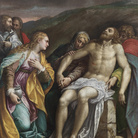 Lattanzio Gambara, Compianto su Cristo morto con i Santi Bartolomeo e Paolo (?), 1570-1574 circa, Olio su tela, 185 × 139 cm, Brescia, Pinacoteca Tosio Martinengo, Provenienza: Brescia, San Bartolomeo, fino al 1797 circa; Vienna, Dorotheum, 10 novembre 2020