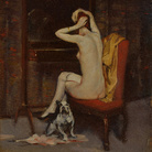Lino Selvatico, Bozzetto (col cane), 1920 ca, Olio e tempera su tavola, 31 x 24 cm, Collezione privata | 