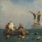 Eugéne Le Poittevin, Bagno a Étretat, 1858 circa, Olio su tavola, 48.5 x 21 cm, Collection Association Peindre en Normandie, Caen