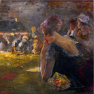 Pompeo Mariani, Al tavolo verde, 1916. Olio su carta applicata su tela, 88 x 100 cm