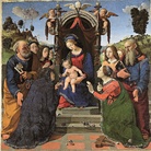 Piero di Cosimo (Firenze 1462 – 1522), Madonna col Bambino in trono e i santi Pietro, Giovanni evangelista, Elisabetta d’Ungheria (?),Caterina d’Alessandria e angeli, 1493. Tavola. Firenze, Museo degli Innocenti