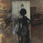 Giovanni Boldini, Donna in nero che guarda il “Pastello della signora Emiliana Concha de Ossa”, 1888 circa, Olio su tavola, 80.5 × 64.5 cm, Ferrara, Museo Giovanni Boldini | © Ferrara, Gallerie d’Arte Moderna e Contemporanea | Foto: Luca Gavagna – le immagini