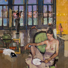 Geoffrey Humphries, Annemarie and Perdie in Green Chair (Self Portrait in Studio), 2011, Olio su tela (Particolare), 100 x 120 cm | Courtesy of the Artist and The Osborne Studio Gallery, London