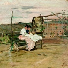 Silvestro Lega, Le cucitrici in terrazza, olio su cartone, 19x26,5 cm, 1888ca. Collezione L. Bietoletti