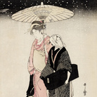 Kitagawa Utamaro, Passeggiata notturna sotto la neve, 1797-1798 circa, Silografia policroma, 38 x 26 cm, Honolulu Museum of Art | Courtesy of Palazzo Reale, Milano 2016