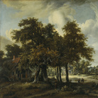 Meindert Hobbema, Paesaggio boschivo con casolari, 1665 circa, olio su tela, cm 88 x 120,7. L’Aia, Gabinetto reale di pitture Mauritshuis acquisito nel 1994 con il sostegno dello Stato dei Paesi Bassi, del barone Hans Heinrich Thyssen-Bornemisza, degli Amici della Fondazione Mauritshuis, del Fondo Culturale del principe Bernhard, della Rembrandt Society e dell’Algemene Loterij Nederland. © L’Aia, Gabinetto reale di pitture Mauritshuis