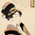 Kitagawa Utamaro, La ragazza precoce (Ochappii), Dalla serie Varietà di fiori secondo il loro linguaggio, 1802, Silografia policroma, 39.4 x 26 cm, Honolulu Museum of Art | Courtesy of Palazzo Reale, Milano 2016