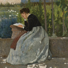 Silvestro Lega (Modigliana 1826 - Firenze 1895), Lettura romantica / Romantic reading, c.1870, Olio su tavola / Oil on panel | Collezione privata / Private collection