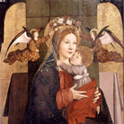 Antonello da Messina, Polittico di Firenze/Milano, 1471-1472, Madonna con il Bambino e due angeli reggicorona, Olio su tavola di pioppo, 54.7 x 114,5 cm Galleria degli Uffizi, Firenze | Foto: Su concessione del Ministero per i Beni e le Attività Culturali - Gallerie degli Uffizi Foto Giulio Archinà