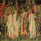 Edward Byrne-Jones, William Morris e John Henry Dearle (designers), Morris & Co (produttore, tessuto by Robert Ellis, John Keith, John Martin, George Merritt), Arazzi del Santo Graal - L'Armamento dei Cavalieri, Progettato nel 1890, tessuto nel 1898, Arazzo ad alto ordito con trama di lana e seta su ordito in cotone, Collezione privata