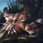 Giorgio Duranti, Due galli con pannocchie nel paesaggio, olio su tela, 80 x 100 cm.