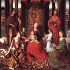 Sint Jaanshospitaal-Memlingmuseum: Hans Memling (1433 circa - 1494), Polittico di san Giovanni, 1474-1479, Olio su pannello di quercia, 173.7 x 173.6 cm (Pannello centrale) | Pannello di sinistra: La decapitazione di Giovanni il Battista / Pannello centrale: Sacra Conversazione con i Santi Giovanni Battista, Giovanni Evangelista, Caterina d'Alessandria e Barbara / Pannello di destra: San Giovanni Evangelista a Patmos