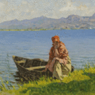 Angiolo Tommasi, La barcaiola sul lago di Massaciuccoli, olio su tavola, 28x54,5 cm, 1895, Coll. privata