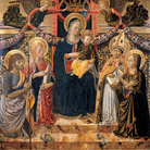 Benozzo Gozzoli, Pala di Santa Maria Maddalena. Madonna col Bambino e angeli tra i Santi Giovanni Battista, Maria Maddalena, Agostino e Marta, Tempera e oro su tavola, San Gimignano, Museo Civico