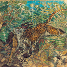 Antonio Ligabue, Leopardo con antiope e indigeno, pastello a cera, matita e china su carta, 1939-1952, 48x65,5 cm