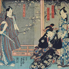 Yoshu Chinkanobu (1838 - 1912), Scena di teatro Kabuki, Xilografia policroma in formato oban, 70 x 35 cm, Firmata Il pennello di Yoshu Chikanobu