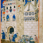 Domenico Benzi, Specchio umano, I poveri cacciati da Siena sono accolti a Firenze, 1335-1347, Membranaceo; legatura moderna in cuoio e asse