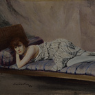 Lino Selvatico, Il guanciale viola, 1923, Olio e tempera su tavola, 32 x 41.5 cm, Collezione privata | 