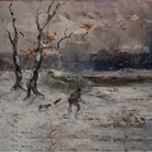Pompeo Mariani, Cacciatori alla Zelata d’inverno, 1894. Olio su tavola, 30,7 x 45,7