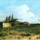 Canaletto (1697-1768), Prato della Valle, con Santa Giustina e il Monastero di benedettine, Santa Maria della Misericordia, Padova, 1756 circa, Olio su tela, 87.5 x 40 cm