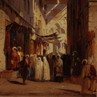 Ippolito Caffi, Cairo: moschea di Hassan, 1844, Olio su cartoncino intelato, 26 x 35 cm, Firmato e datato: Caffi 1844. Moschea Sultan Hassan al Cairo