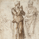 Michelangelo Buonarroti (1475 - 1564), Tre figure drappeggiate con le mani giunte (recto), 1496-1503, Penna e due sfumature di inchiostro bruno su tracce di gesso nero, Senza cornice 26.9 x 19.4 cm, Haarlem, Museo Teylers, Acquistato nel 1790 | Immagine © Museo Teylers, Haarlem