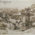 Leonardo da Vinci, Paesaggio, 5 agosto 1473. Penna e inchiostro ferrogallico di due diverse tonalità su carta, 196 ✕ 287 mm. Firenze, Gabinetto Disegni e Stampe degli Uffizi