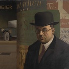 Georg Scholz, Self-Portrait in front of an Advertising Column (Selbstbildnis vor der Litfaβsäule), 1926. Olio su cartone, cm 60 x 77,8. Staatliche Kunsthalle Karlsruhe. ©Georg Scholz, by SIAE 2015 - Photo by A. Fischer/H. Kohler, Staatliche Kunsthalle Karlsruhe Fotowerkstatt