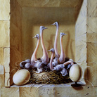 Fabrizio Clerici, Piccolo nido di struzzi, 1953, Olio su tavola, 24 × 20 cm