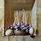 Fabrizio Clerici, Piccolo nido di struzzi, 1953, Olio su tavola, 24 × 20 cm