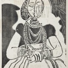 Pablo Picasso, Ritratto di giovane donna da Cranach il Giovane. II, 4.7.1959 linografia stampata in nero, working proof, 2° stato di 3, 798x599 mm. Kunstmuseum Pablo Picasso Münster 