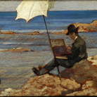 Giovanni Fattori (Livorno 1825 - Firenze 1908), Silvestro Lega che dipinge sugli scogli / Silvestro Lega on the rocks painting, c. 1866, Olio su tavola / Oil on panel | Collezione privata / Private collection