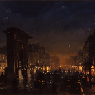 Ippolito Caffi, Parigi: boulevard et porte Saint Denis, 1855, Olio su cartoncino intelato,  51 x 32,6 cm, Firmato e datato: Caffi 1855