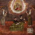 .V. .F. .G. .A., XVIII sec., Campania, Madonna dell’Arco, Olio su tavola, 28.2 x 26.1 cm | La tortura della corda era una delle più diffuse durante il periodo dell’Inquisizione Romana, in uso fino alla fine dell’800. Questa tavoletta racconta di due donne che torturate ed interrogate da due preti, seduti intorno ad un tavolino, si salvano grazie all’intercessione della Madonna dell’Arco, riuscendo a sopravvivere a quei tormenti