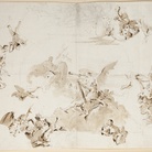 Giambattista Tiepolo, Apoteosi di Ercole (studio per il soffitto del salone da ballo di palazzo Canossa a Verona), penna e inchiostro grigio-bruno, inchiostro diluito, tracce di grafite, mm 440x593. Firenze, Museo Horne