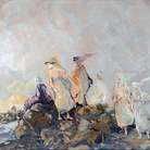 Pompeo Mariani, Inglesine sugli scogli, 1922. Olio su cartone, 19 x 53,5 cm