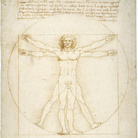 Leonardo da Vinci, Le proporzioni del corpo umano secondo Vitruvio (Uomo vitruviano), 1490 circa. Punta metallica, penna e inchiostro, tocchi di acquerello su carta bianca, 344 ✕ 245 mm. Venezia, Gallerie dell’Accademia, Gabinetto dei Disegni e Stampe