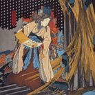 Utagawa Kuniyoshi, La principessa Takiyasha risveglia uno scheletro mostruoso al palazzo di Sōma (Sōma no furudairi), Pannello sinistro, Circa 1845-46, Silografia policroma (nishikie), h 37.2 cm ciascuno, Masao Takashima Collection