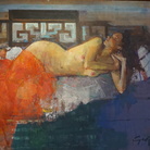 Geoffrey Humphries, Reclining Nude on Opium Bed with Red Silk, Olio su tela, 120 x 100 cm | Courtesy of the Artist and The Osborne Studio Gallery, London